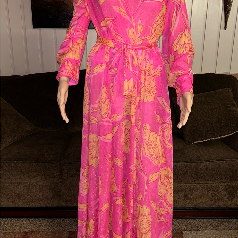 Alexa B Nites ~ Size 8 ~ Pink/Orange ~ Floral ~ Silver Metallic Thread ~ Dress - Picture 7 of 14